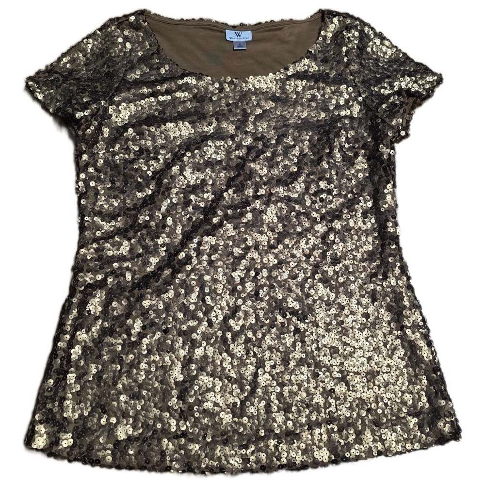 Worthington Shot Sleeve T Shirt Blouse Women's Size S Bronze‎ Metallic Sequins
